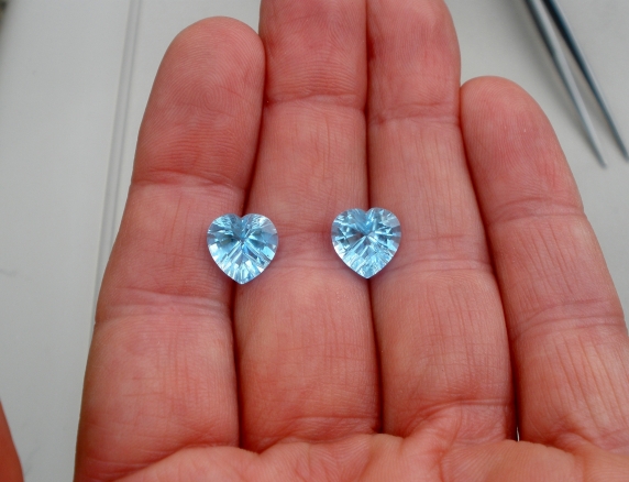 Swiss blue topaz heart laser cut gem pair 10mm