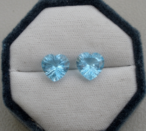 Swiss blue topaz heart laser cut gem pair 10mm
